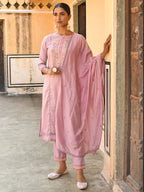 Janasya Women's Mauve Poly Silk Floral Embroidery Kurta With Pant And Dupatta - Distacart