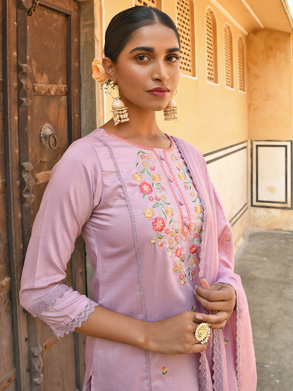 Janasya Women's Mauve Poly Silk Floral Embroidery Kurta With Pant And Dupatta - Distacart