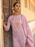 Janasya Women's Mauve Poly Silk Floral Embroidery Kurta With Pant And Dupatta - Distacart