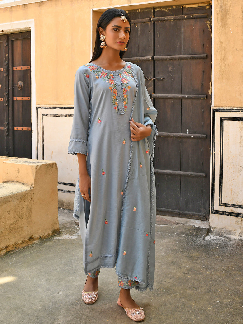 Janasya Women's Mint Blue Poly Silk Floral Embroidery Kurta With Pant And Dupatta - Distacart