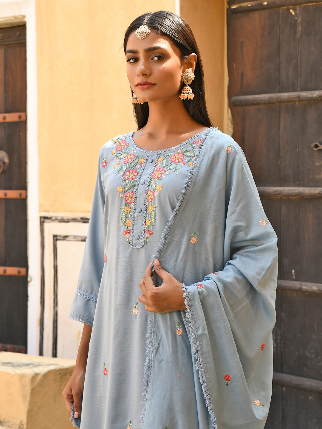 Janasya Women's Mint Blue Poly Silk Floral Embroidery Kurta With Pant And Dupatta - Distacart