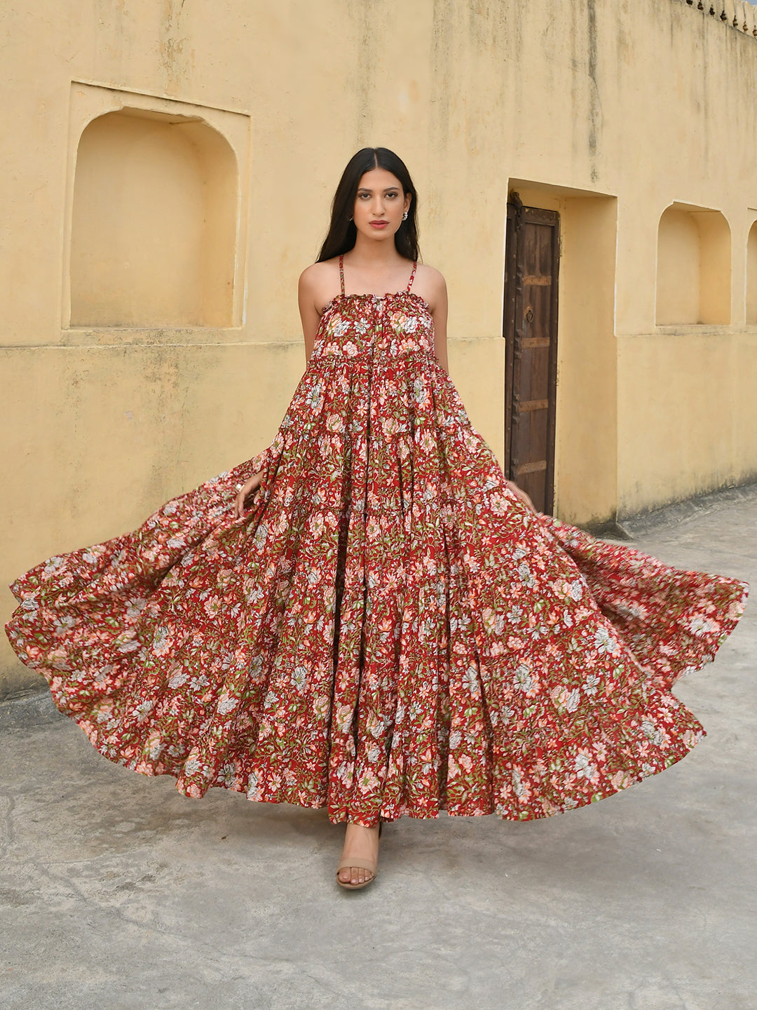 Janasya Women's Red Cotton Floral Print Tiered Western Dress - Distacart