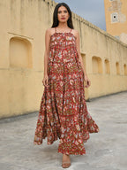 Janasya Women's Red Cotton Floral Print Tiered Western Dress - Distacart