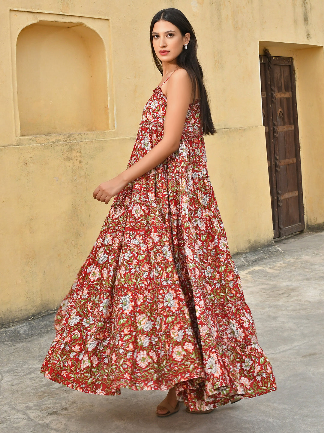 Janasya Women's Red Cotton Floral Print Tiered Western Dress - Distacart