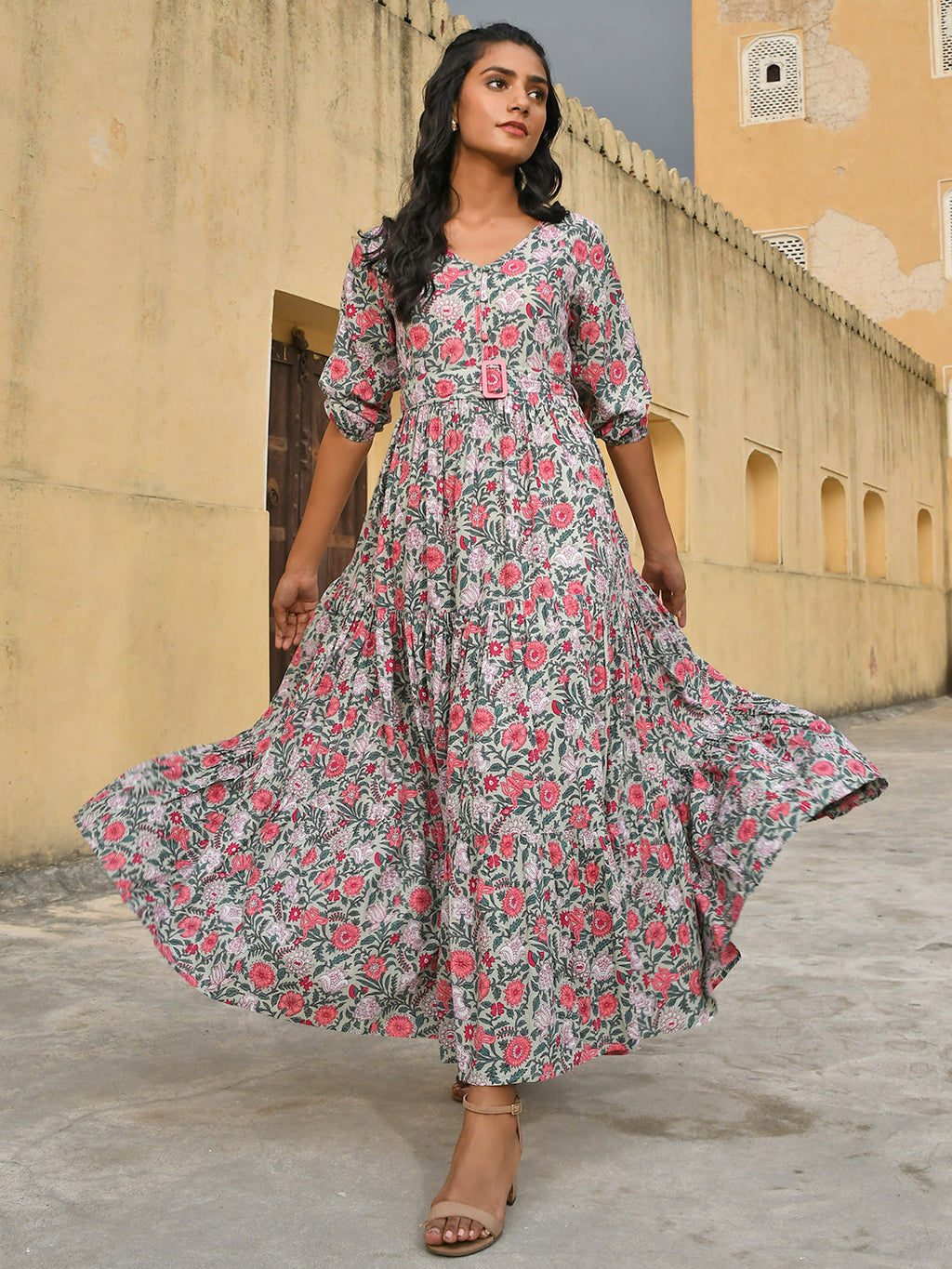Janasya Women's Pastel Green Cotton Floral Print Tiered Western Dress - Distacart