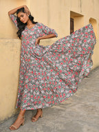 Janasya Women's Pastel Green Cotton Floral Print Tiered Western Dress - Distacart