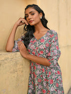 Janasya Women's Pastel Green Cotton Floral Print Tiered Western Dress - Distacart
