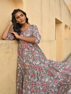 Janasya Women's Pastel Green Cotton Floral Print Tiered Western Dress - Distacart
