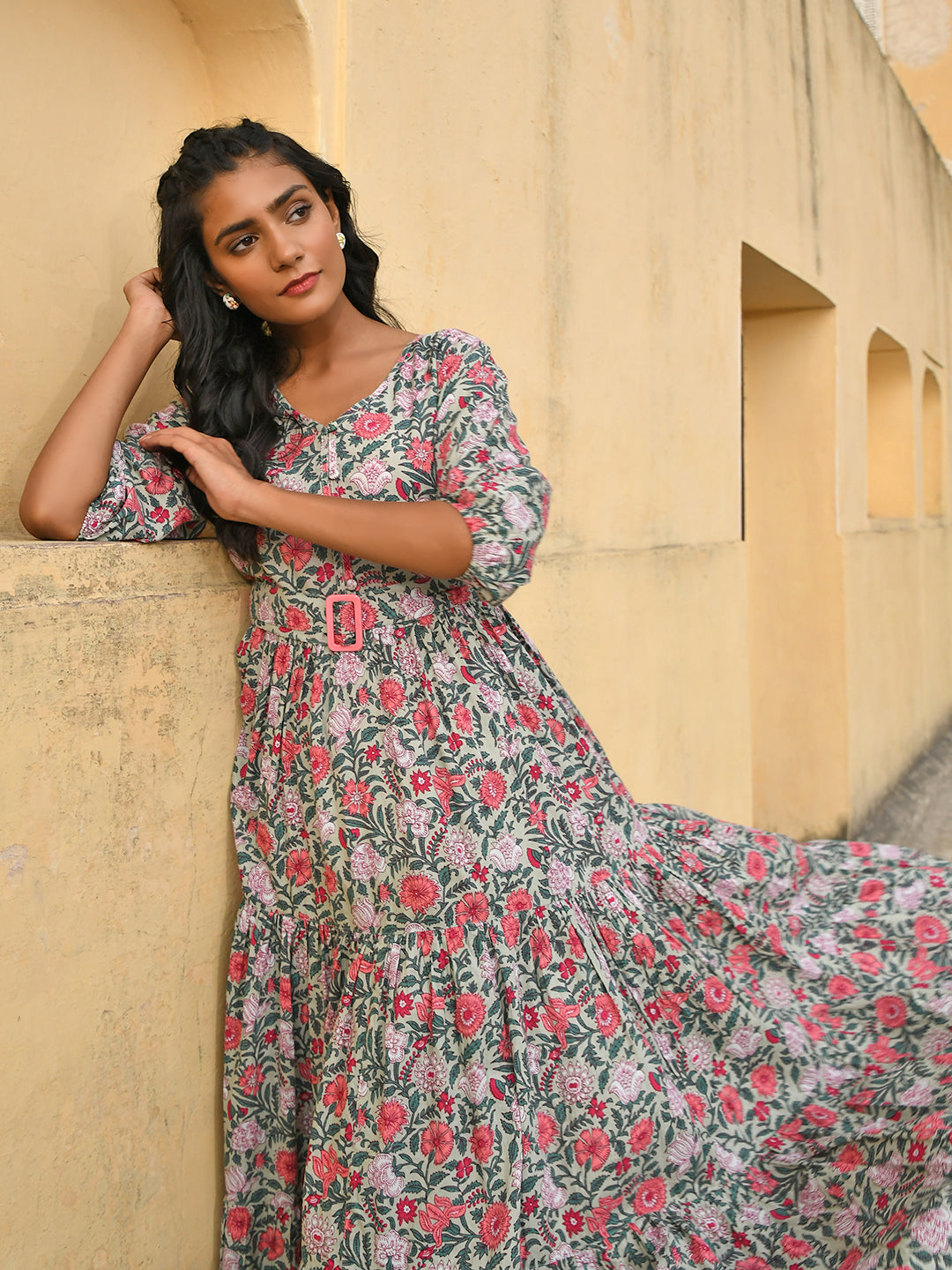 Janasya Women's Pastel Green Cotton Floral Print Tiered Western Dress - Distacart