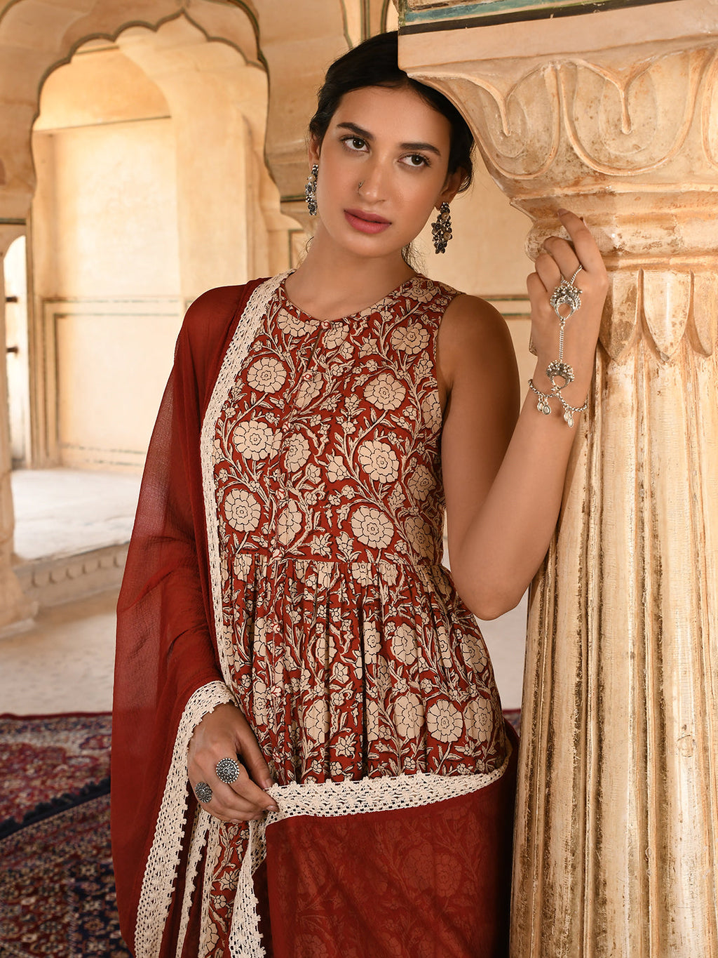Janasya Women's Rust Cotton Floral Print Kurta With Palazzo And Dupatta - Distacart