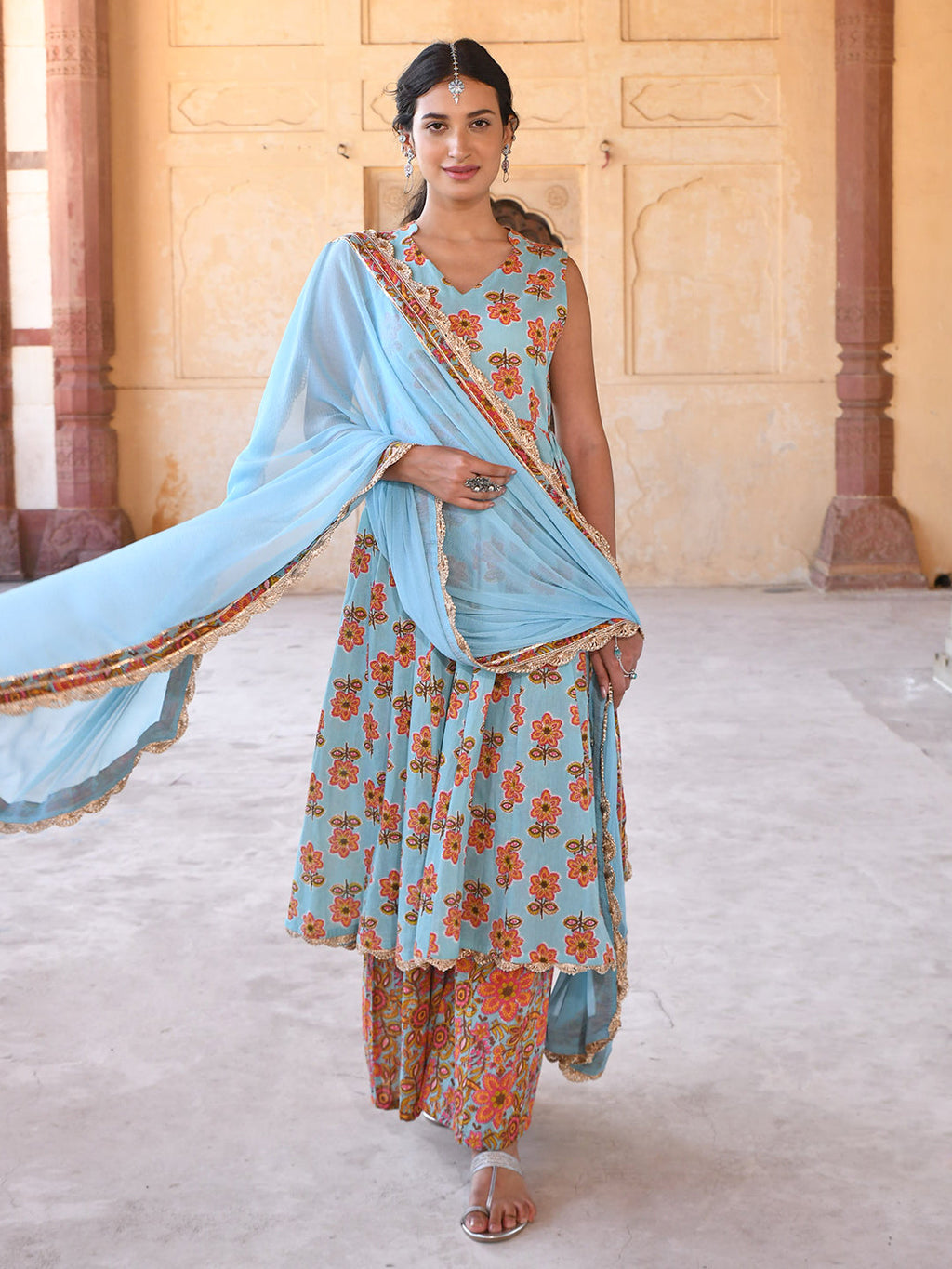 Janasya Women's Mint Blue Cotton Floral Print Kurta With Palazzo And Dupatta - Distacart