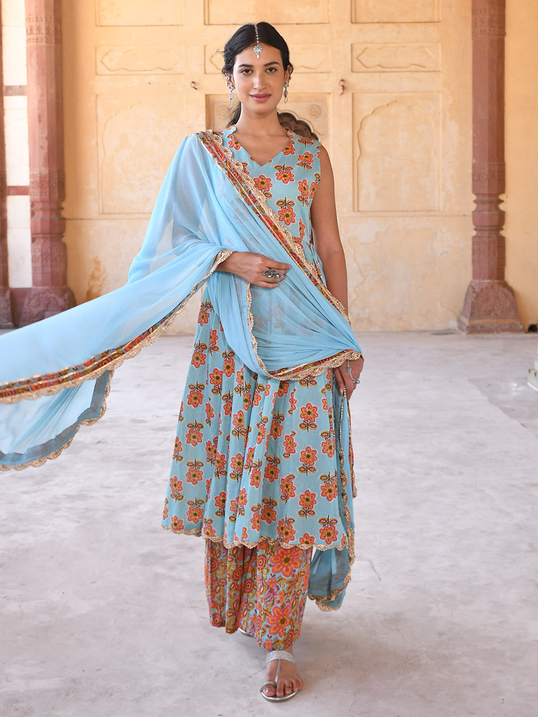 Janasya Women's Mint Blue Cotton Floral Print Kurta With Palazzo And Dupatta - Distacart
