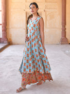Janasya Women's Mint Blue Cotton Floral Print Kurta With Palazzo And Dupatta - Distacart