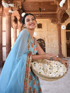 Janasya Women's Mint Blue Cotton Floral Print Kurta With Palazzo And Dupatta - Distacart