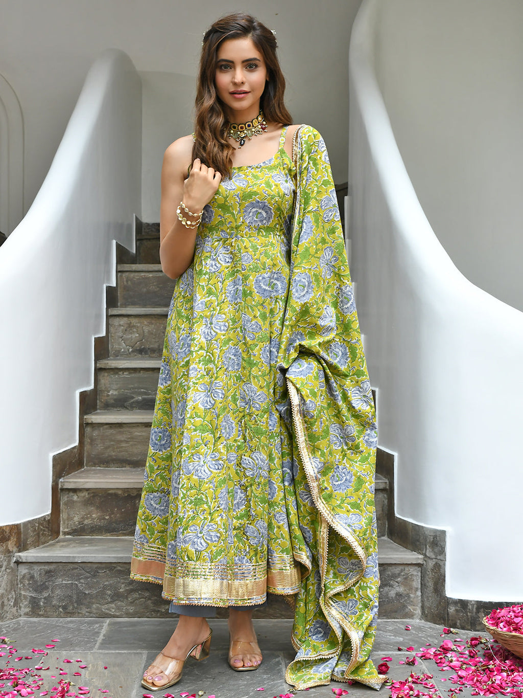 Janasya Women's Mustard Cotton Printed Kurta With Pant And Dupatta - Distacart
