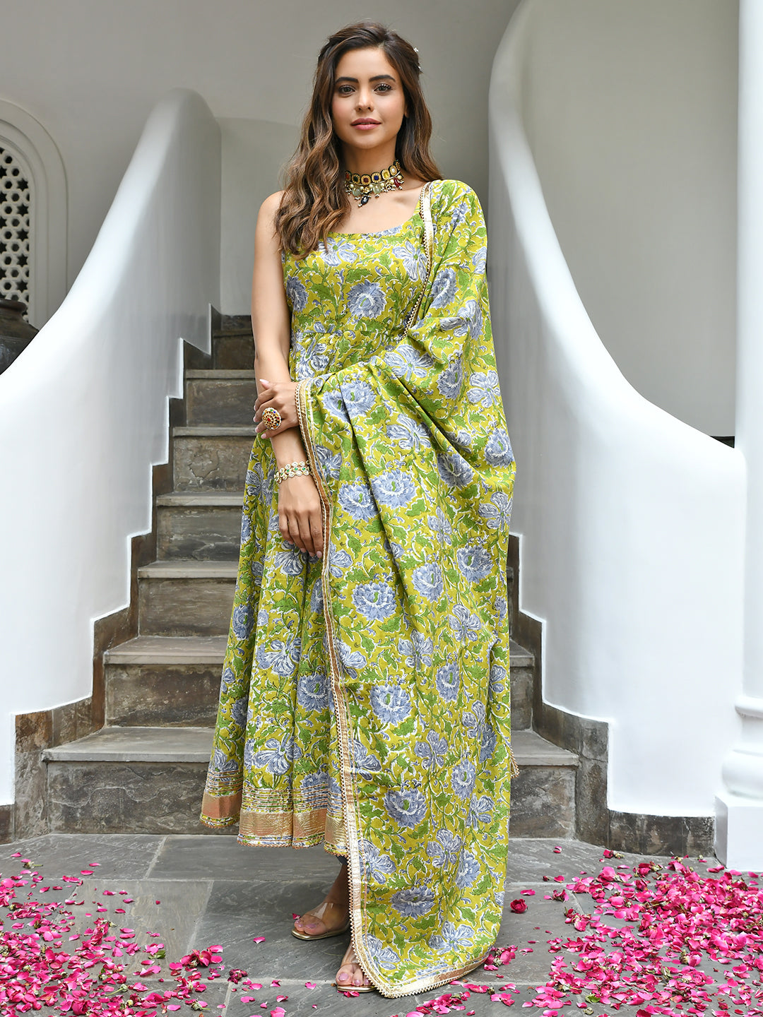 Janasya Women's Mustard Cotton Printed Kurta With Pant And Dupatta - Distacart