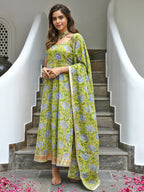 Janasya Women's Mustard Cotton Printed Kurta With Pant And Dupatta - Distacart
