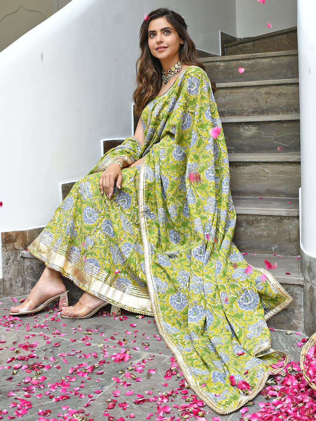 Janasya Women's Mustard Cotton Printed Kurta With Pant And Dupatta - Distacart