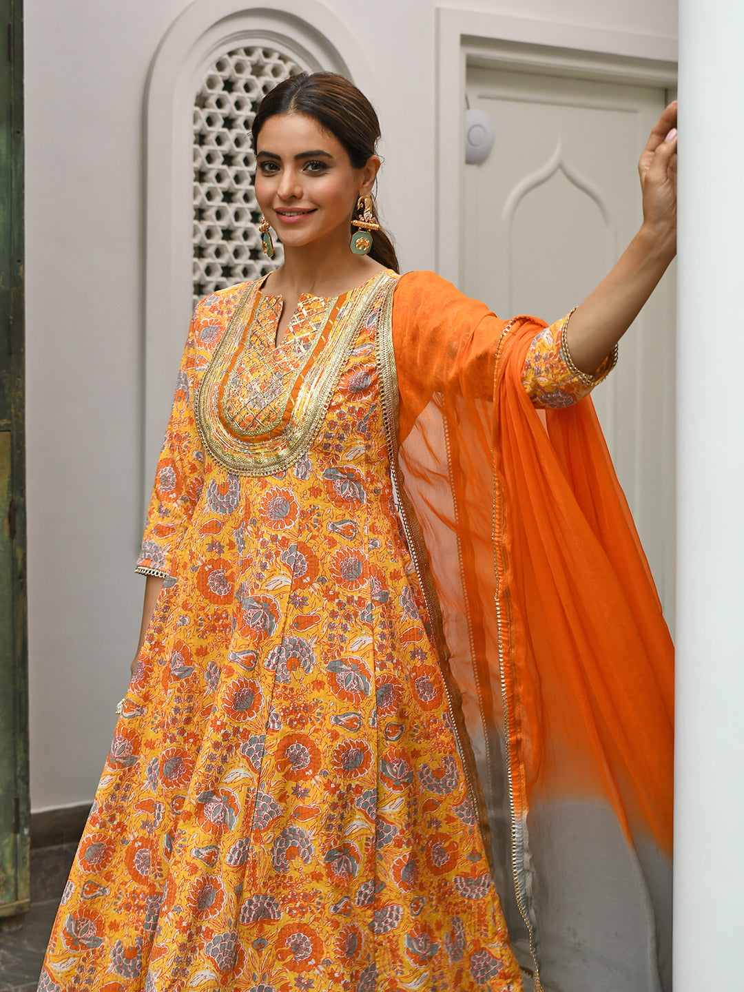 Janasya Women's Mustard Cotton Embroidered Kurta With Palazzo And Dupatta - Distacart