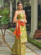 Janasya Women's Green Cotton Floral Block Print Kurta With Palazzo And Dupatta - Distacart