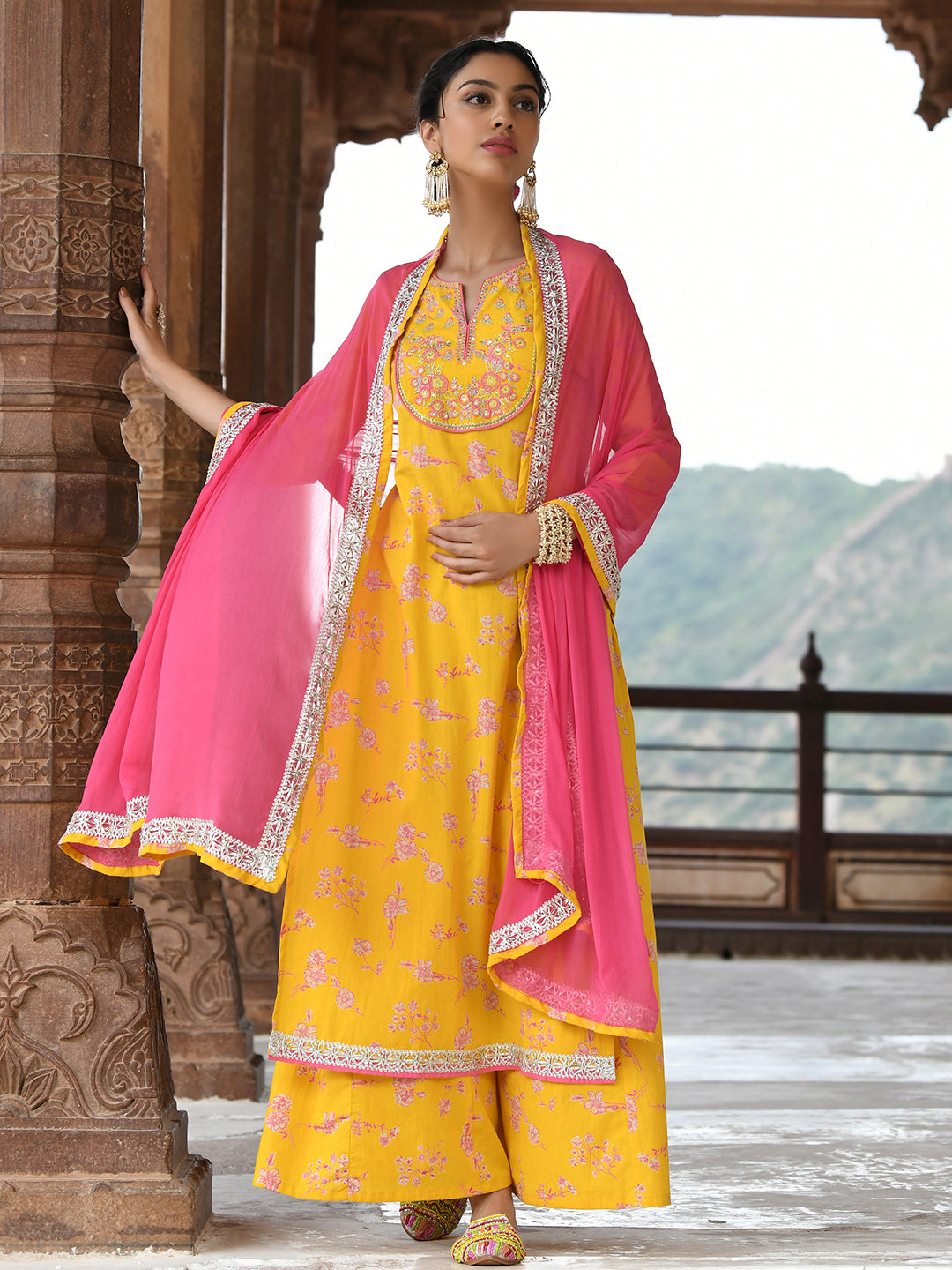 Janasya Women's Yellow Cotton Embroidered Kurta With Palazzo And Dupatta - Distacart