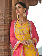 Janasya Women's Yellow Cotton Embroidered Kurta With Palazzo And Dupatta - Distacart