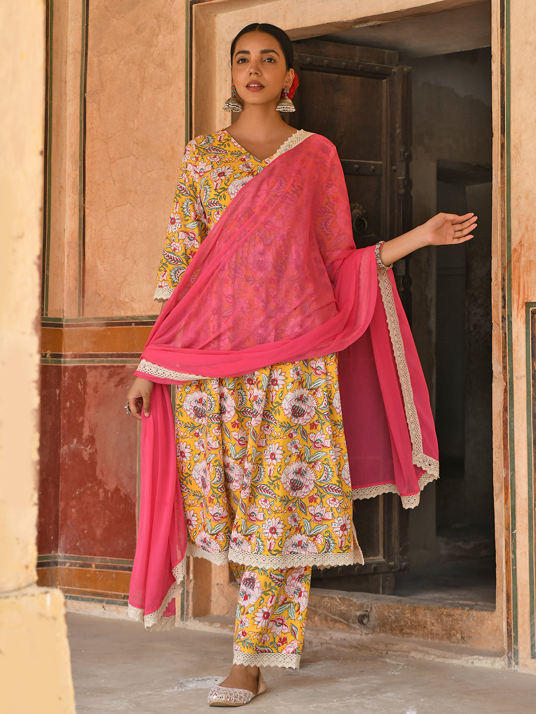 Janasya Women's Yellow Cotton Floral Print Kurta With Palazzo And Dupatta - Distacart