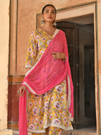 Janasya Women's Yellow Cotton Floral Print Kurta With Palazzo And Dupatta - Distacart