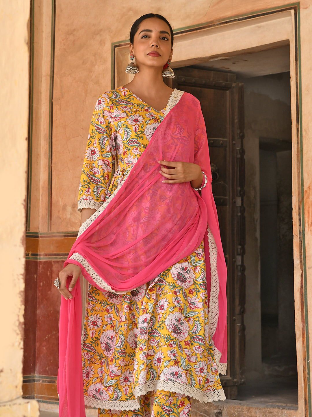 Janasya Women's Yellow Cotton Floral Print Kurta With Palazzo And Dupatta - Distacart