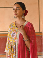 Janasya Women's Yellow Cotton Floral Print Kurta With Palazzo And Dupatta - Distacart