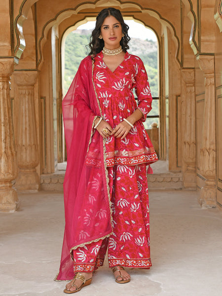 Janasya Women's Pink Cotton Floral Block Print Short Kurta With Sharara And Dupatta