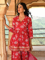 Janasya Women's Pink Cotton Floral Block Print Short Kurta With Sharara And Dupatta - Distacart