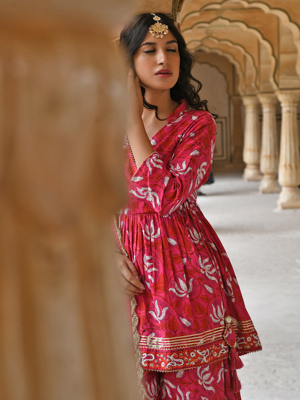 Janasya Women's Pink Cotton Floral Block Print Short Kurta With Sharara And Dupatta - Distacart