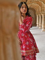 Janasya Women's Pink Cotton Floral Block Print Short Kurta With Sharara And Dupatta - Distacart