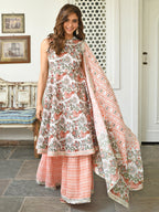 Janasya Women's White Cotton Floral Block Print Kurta With Sharara And Dupatta - Distacart
