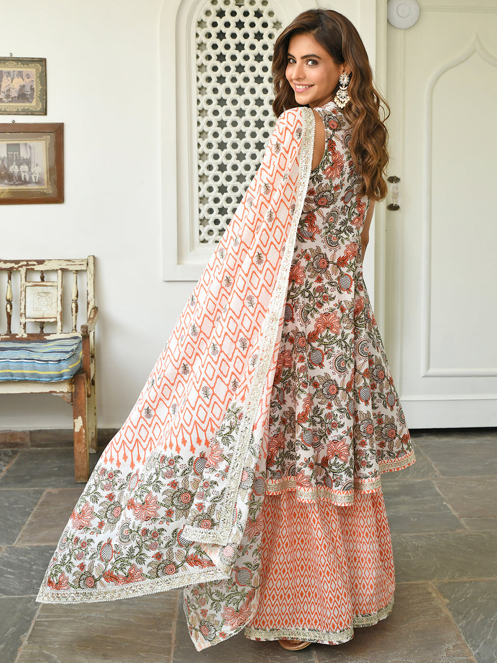 Janasya Women's White Cotton Floral Block Print Kurta With Sharara And Dupatta - Distacart