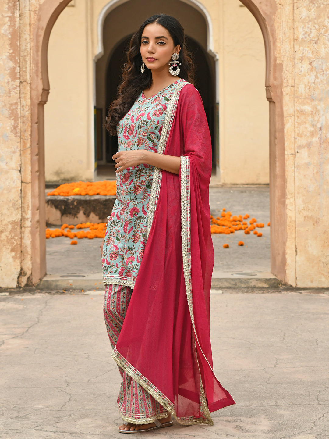 Janasya Women's Sea Green Cotton Floral Block Print Kurta With Palazzo And Dupatta - Distacart