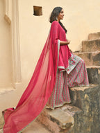 Janasya Women's Sea Green Cotton Floral Block Print Kurta With Palazzo And Dupatta - Distacart