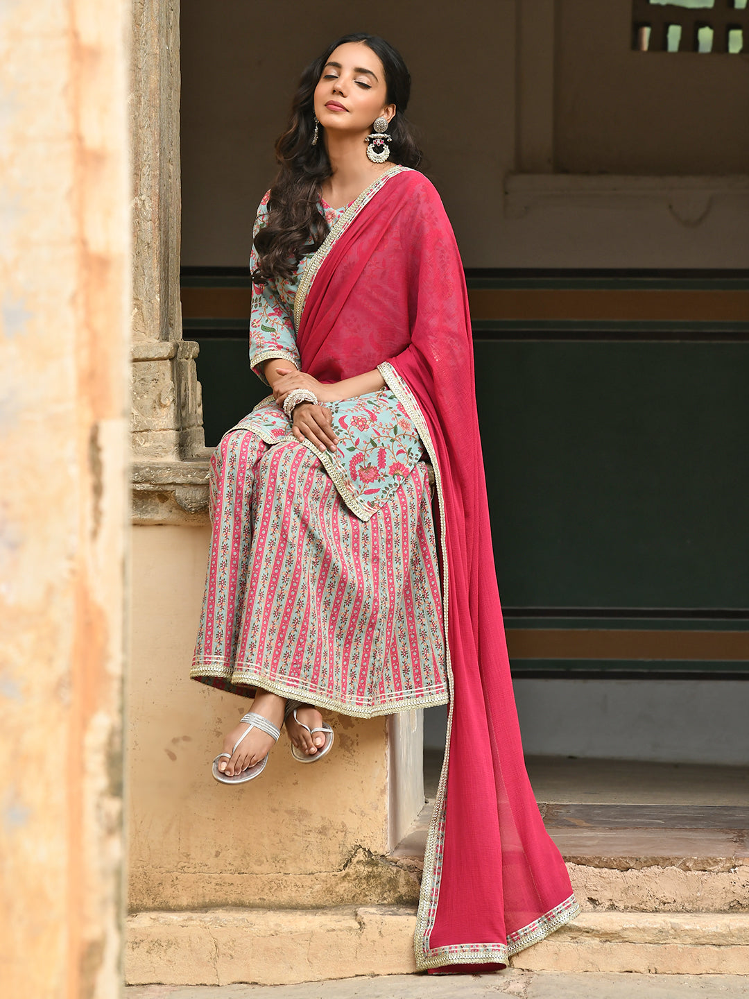 Janasya Women's Sea Green Cotton Floral Block Print Kurta With Palazzo And Dupatta - Distacart