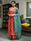 Janasya Women's Red Cotton Floral Block Print Kurta With Palazzo And Dupatta - Distacart