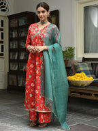Janasya Women's Red Cotton Floral Block Print Kurta With Palazzo And Dupatta - Distacart