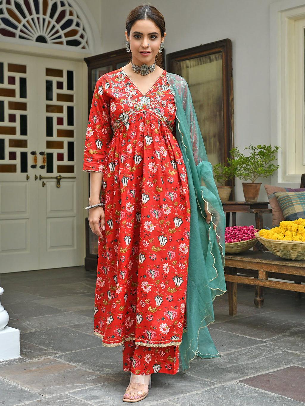 Janasya Women's Red Cotton Floral Block Print Kurta With Palazzo And Dupatta - Distacart