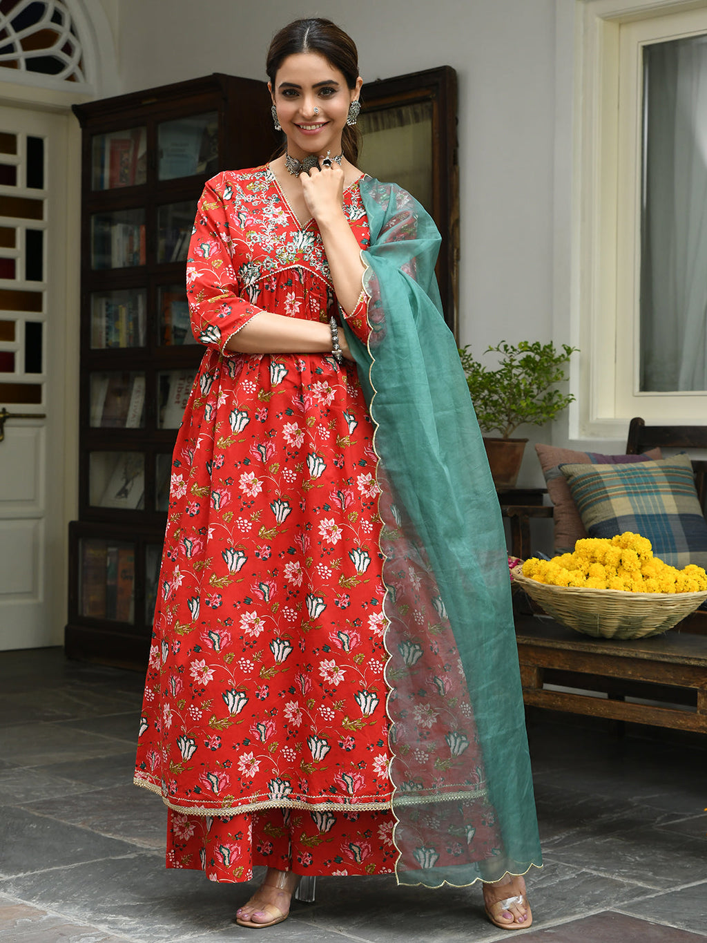 Janasya Women's Red Cotton Floral Block Print Kurta With Palazzo And Dupatta - Distacart
