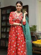 Janasya Women's Red Cotton Floral Block Print Kurta With Palazzo And Dupatta - Distacart