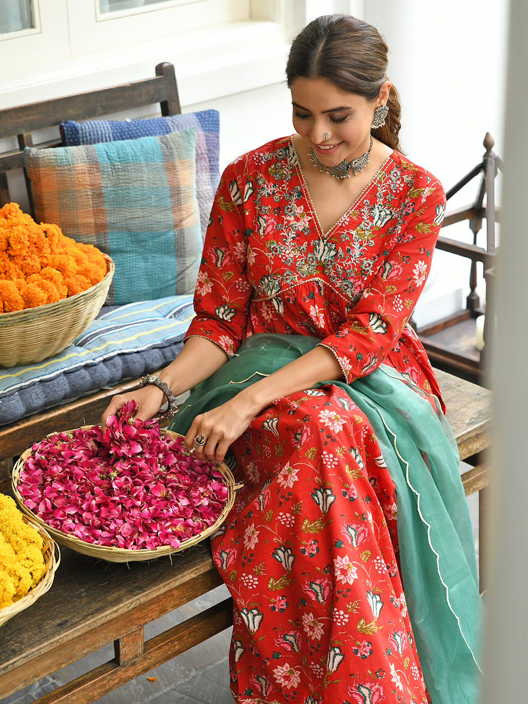 Janasya Women's Red Cotton Floral Block Print Kurta With Palazzo And Dupatta - Distacart