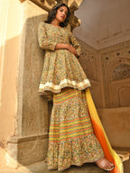 Janasya Women's Light Green Cotton Floral Block Print Kurta With Gharara And Dupatta - Distacart