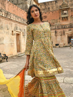 Janasya Women's Light Green Cotton Floral Block Print Kurta With Gharara And Dupatta - Distacart