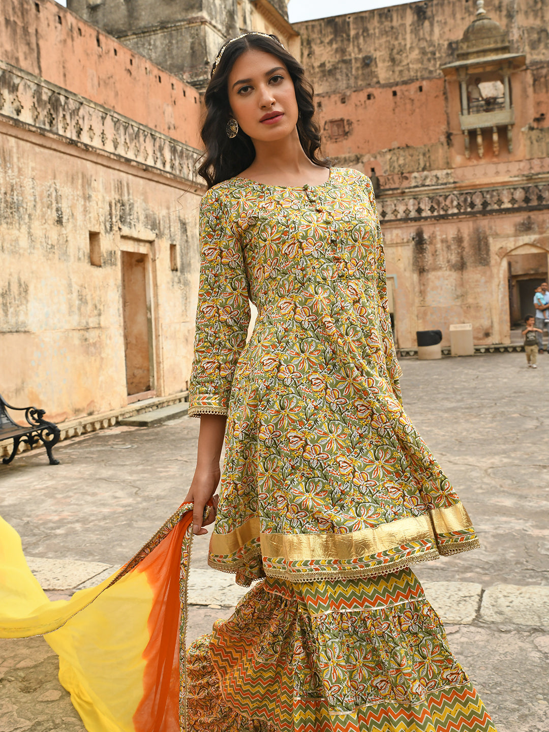 Janasya Women's Light Green Cotton Floral Block Print Kurta With Gharara And Dupatta - Distacart