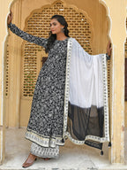 Janasya Women's Black Cotton Floral Print Kurta With Palazzo And Dupatta - Distacart