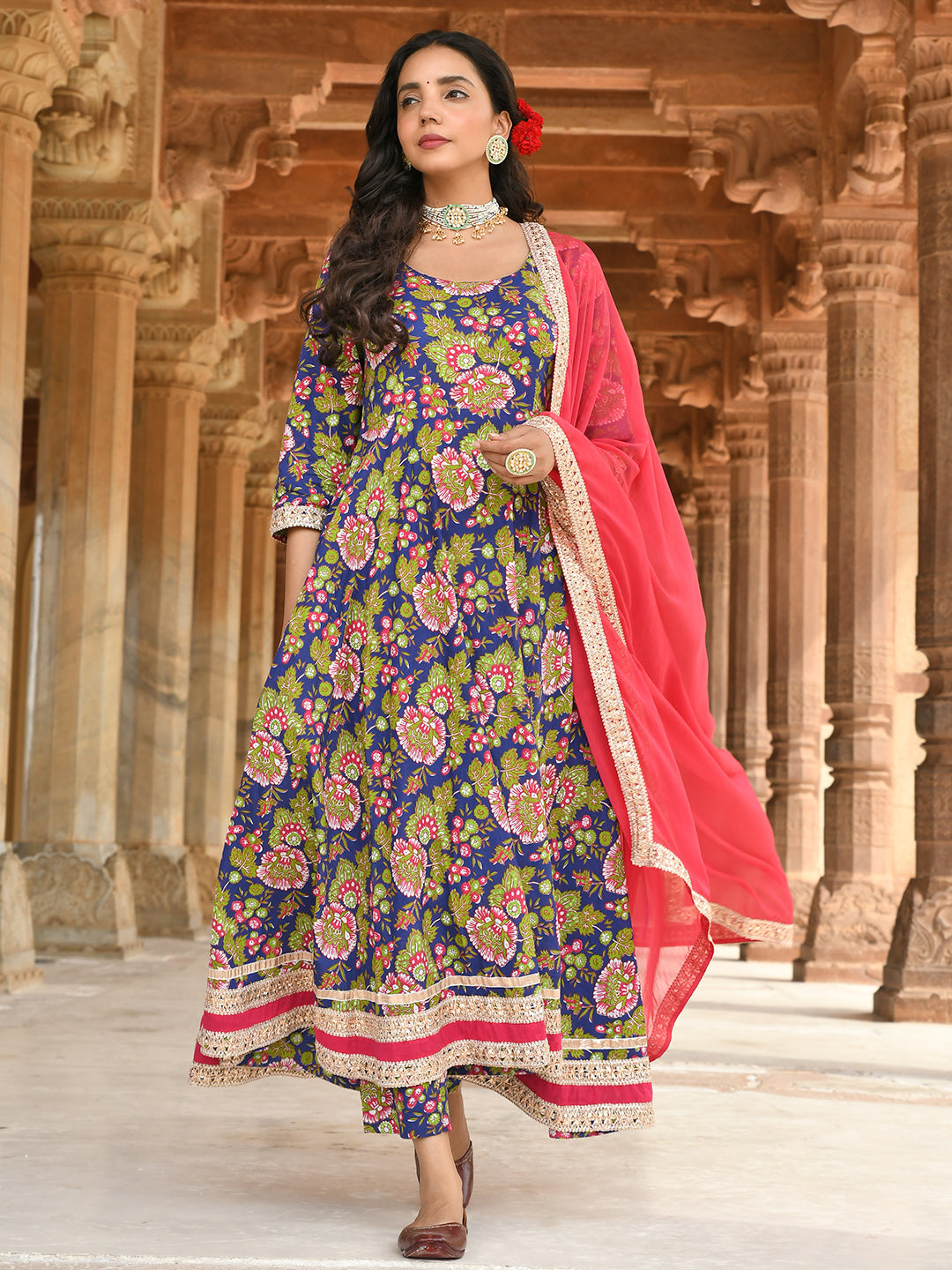 Janasya Women's Blue Cotton Floral Block Print Kurta With Pant And Dupatta - Distacart